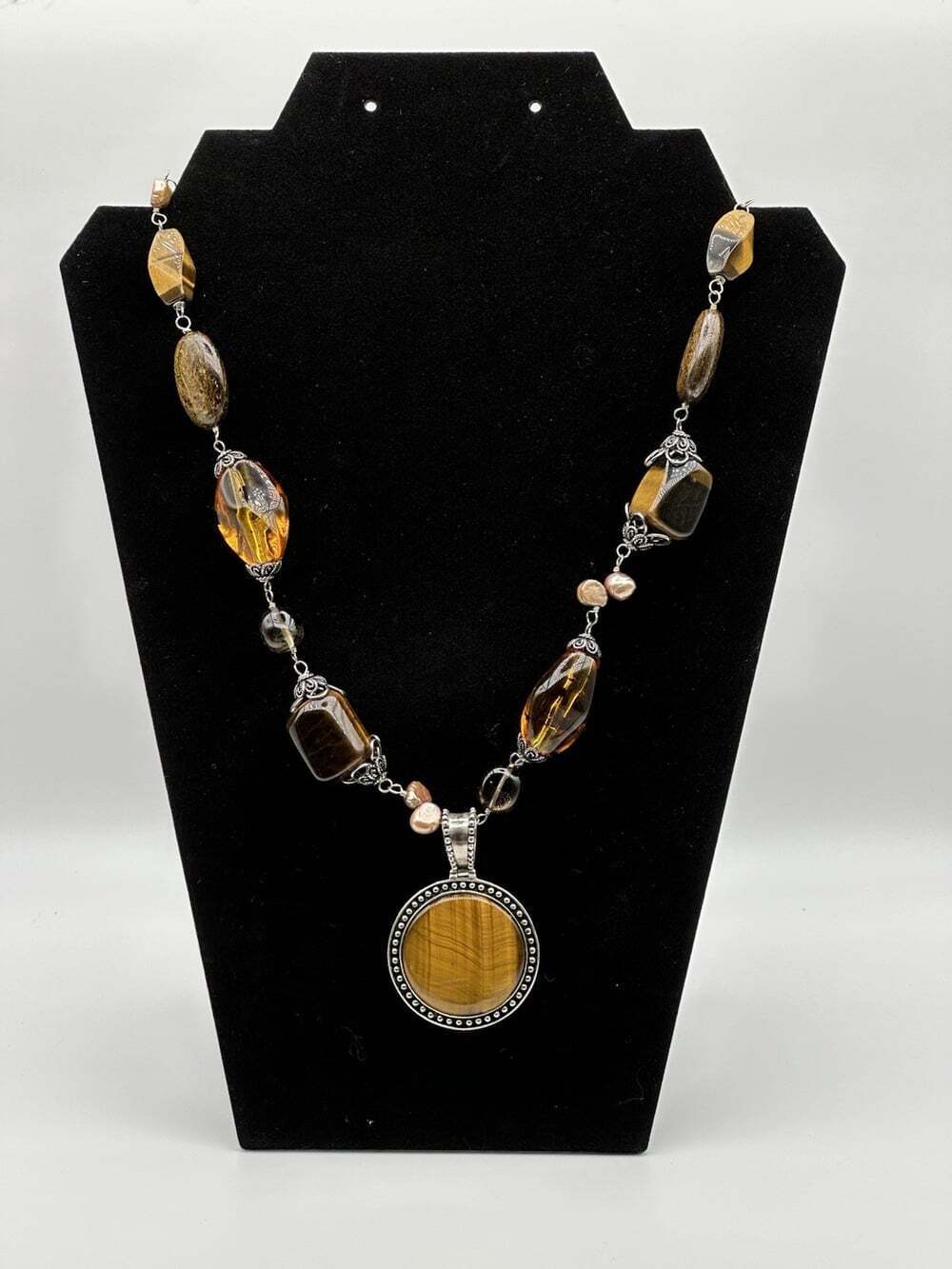 925 Sterling Silver Tiger Eye Gemstone Statement Necklace Approx 21”